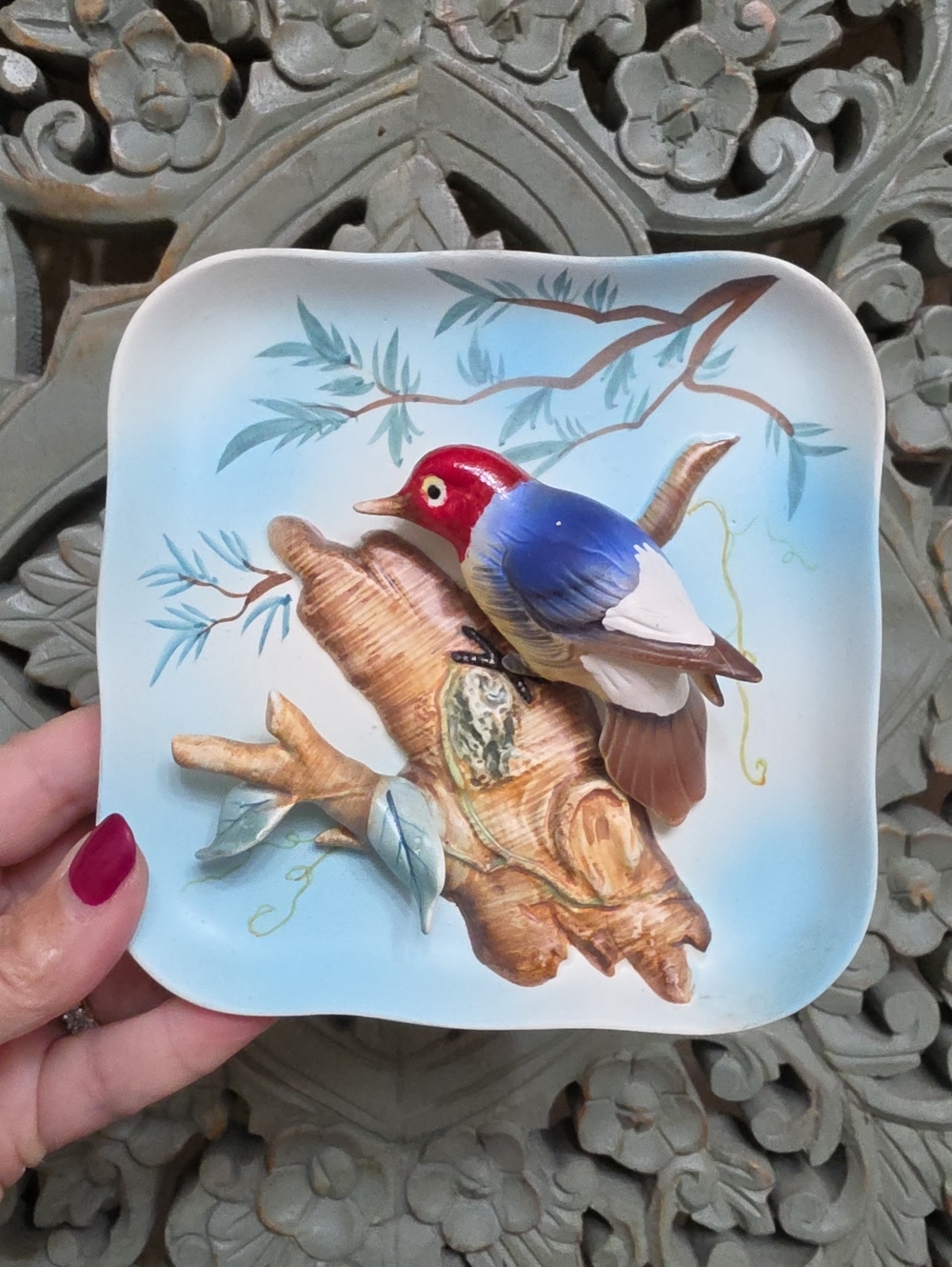 Vtg 1950 Handcrafted Ceramic Bird Wall Plaque in Blue, Red and Brown Japan